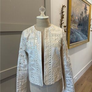 Alice + Olivia White Embroidered Eyelet Open-Front Jacket